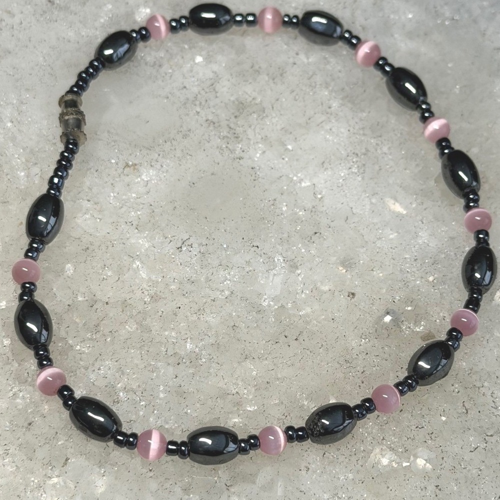 Hematite Pink Cats Eye Beaded Anklet Y2K Grunge Gothic Coquette Egirl Style